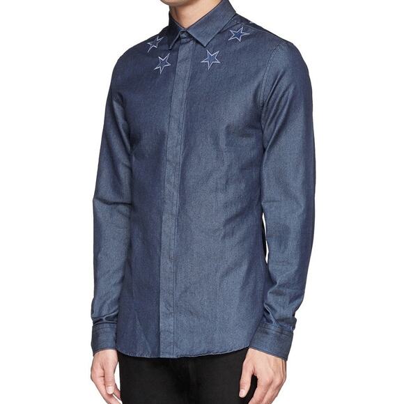 GIVENCHY 43 US XL Shirt Star Embroidered Denim Long Sleeve Button Up Designer - Picture 1 of 16